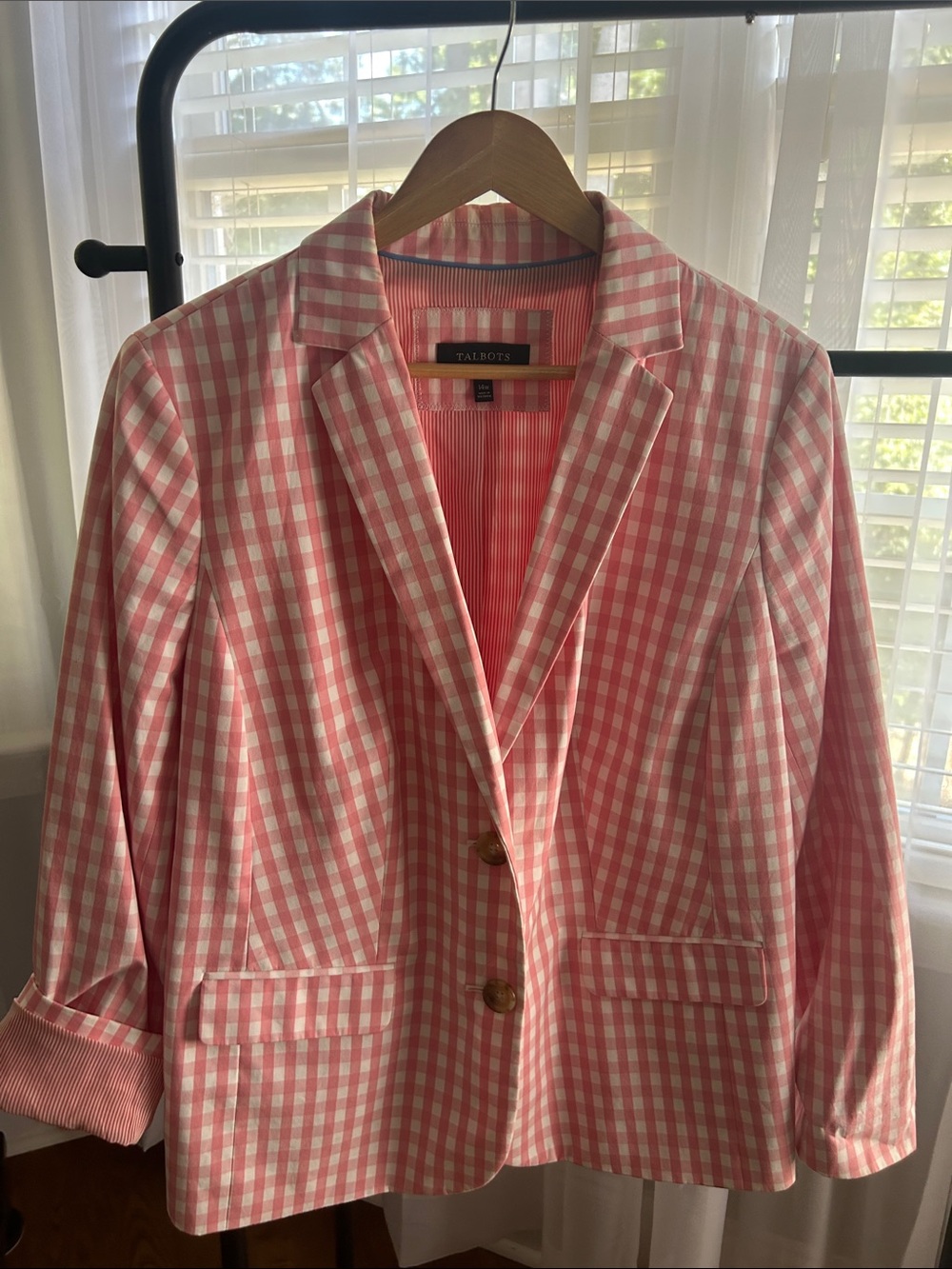 Talbots Pink and White Gingham Cotton Blazer